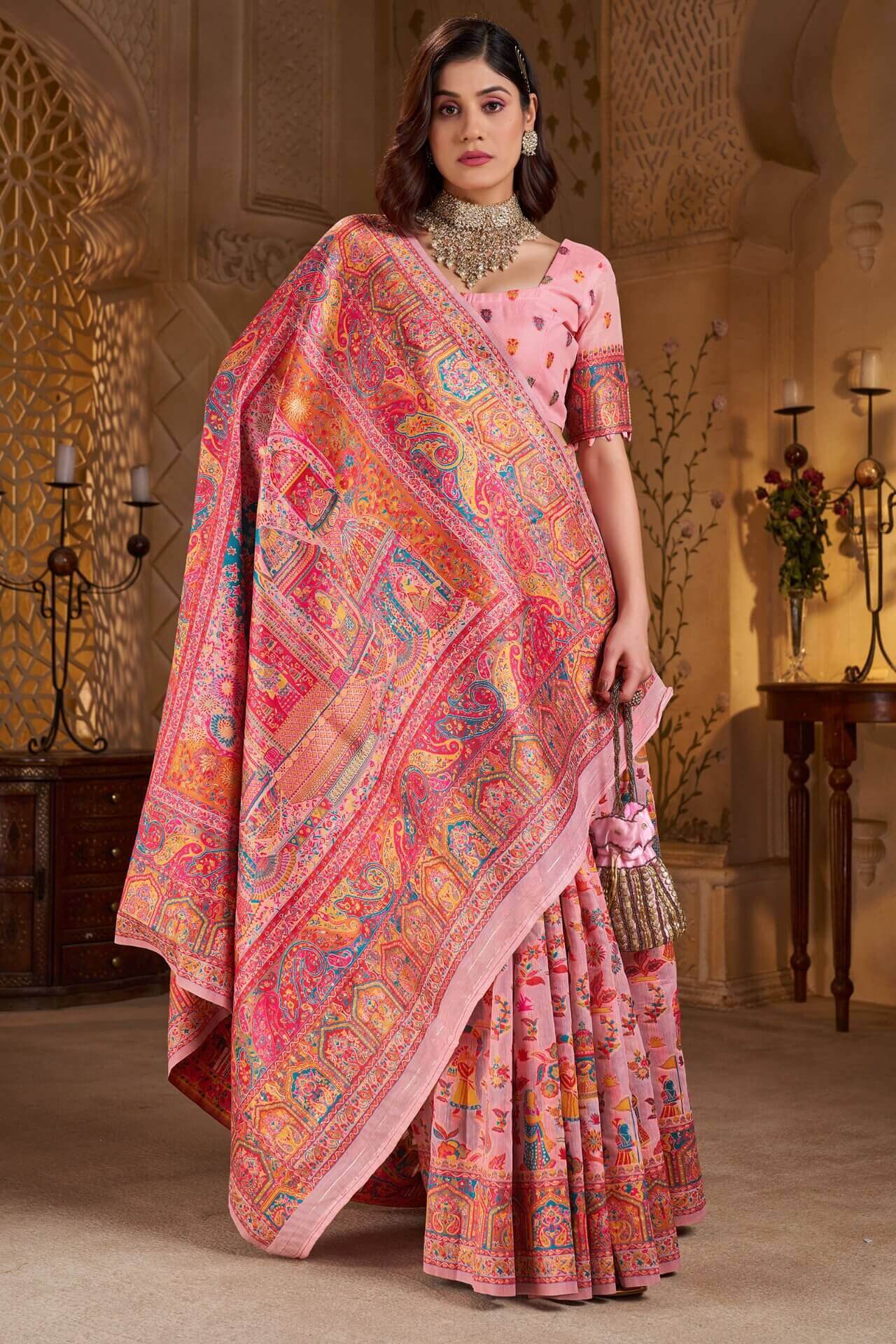 Vestigial Pink Pashmina Saree With Hypnotic Blouse Piece