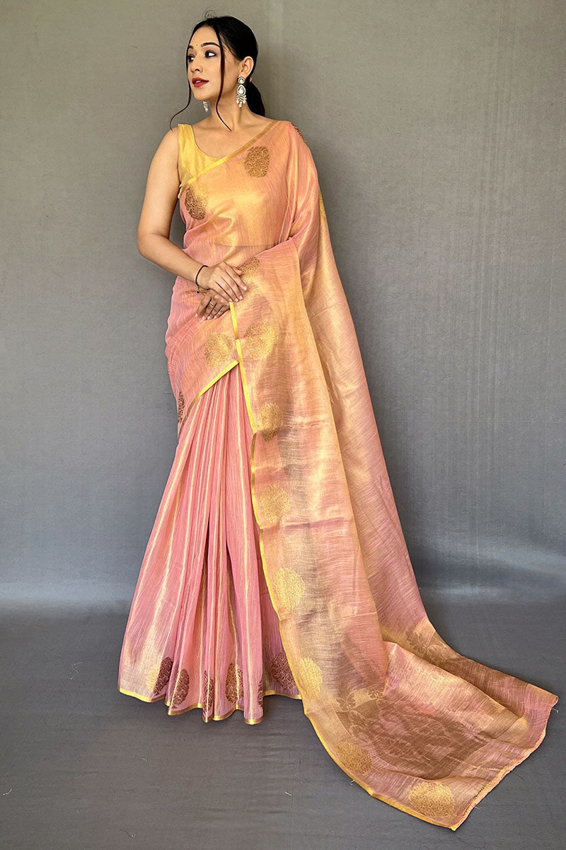 Quixotic Baby Pink Soft Banarasi Tissue Silk Saree With Embellished Blouse Piece