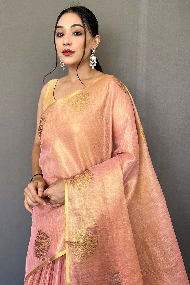 Quixotic Baby Pink Soft Banarasi Tissue Silk Saree With Embellished Blouse Piece