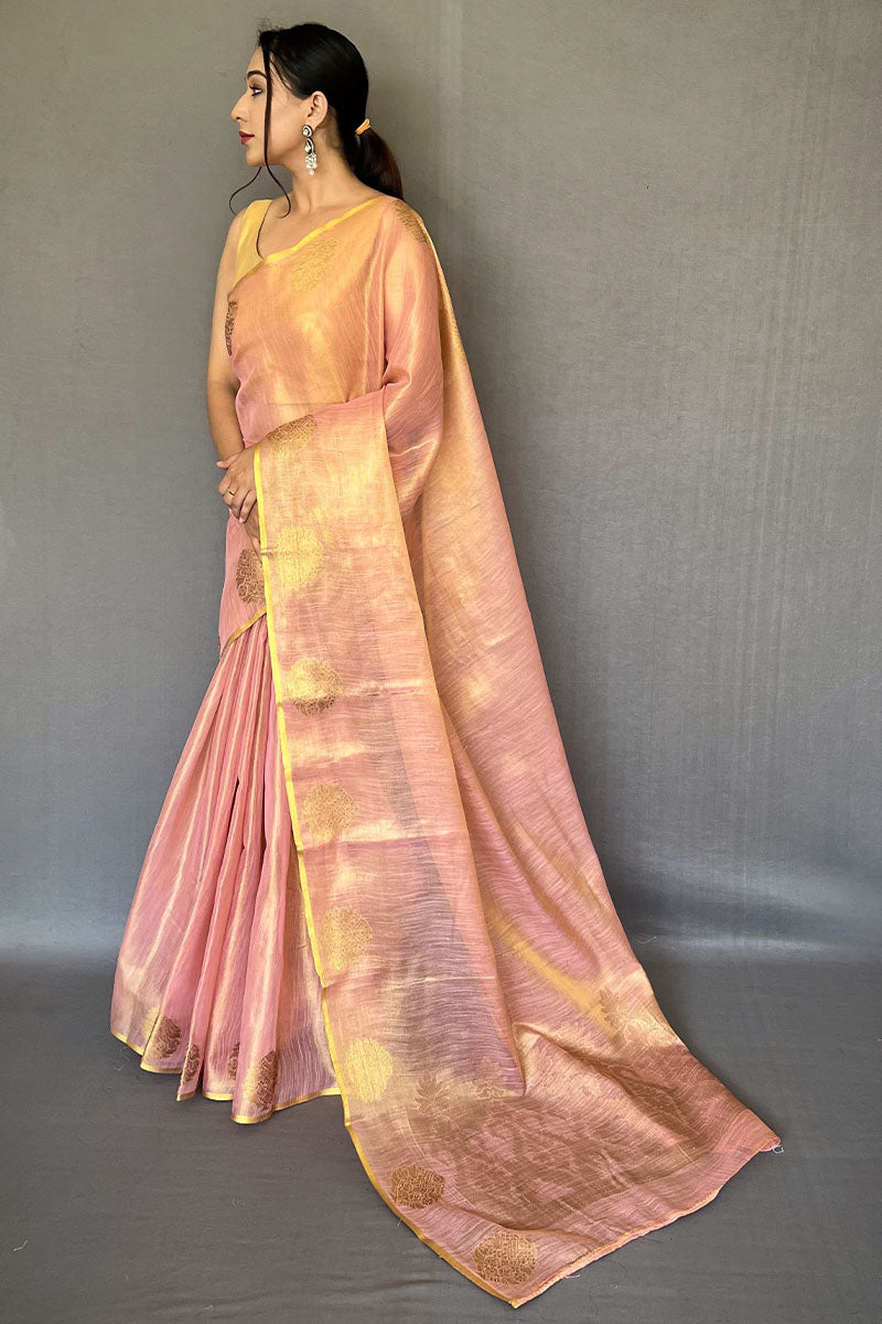 Quixotic Baby Pink Soft Banarasi Tissue Silk Saree With Embellished Blouse Piece
