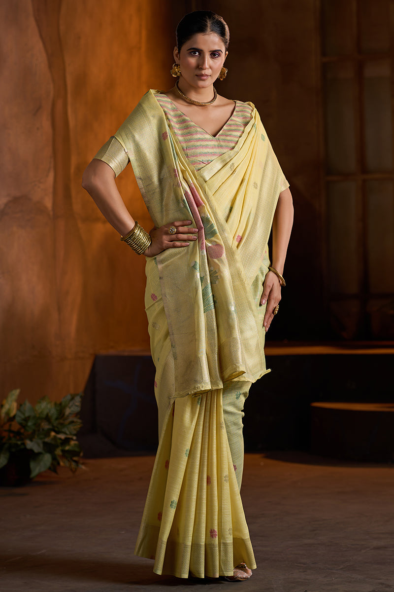 Bucolic Yellow Cotton Silk Saree With Twirling Blouse Piece