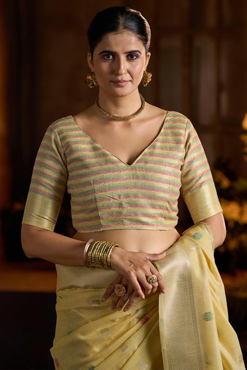 Bucolic Yellow Cotton Silk Saree With Twirling Blouse Piece