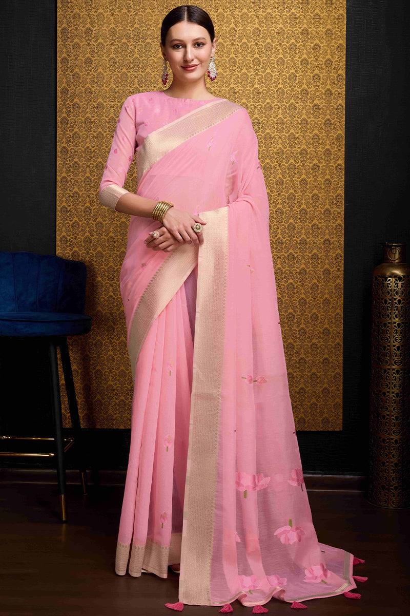 Nectarous Pink Cotton Silk Saree With Ethereal Blouse Piece