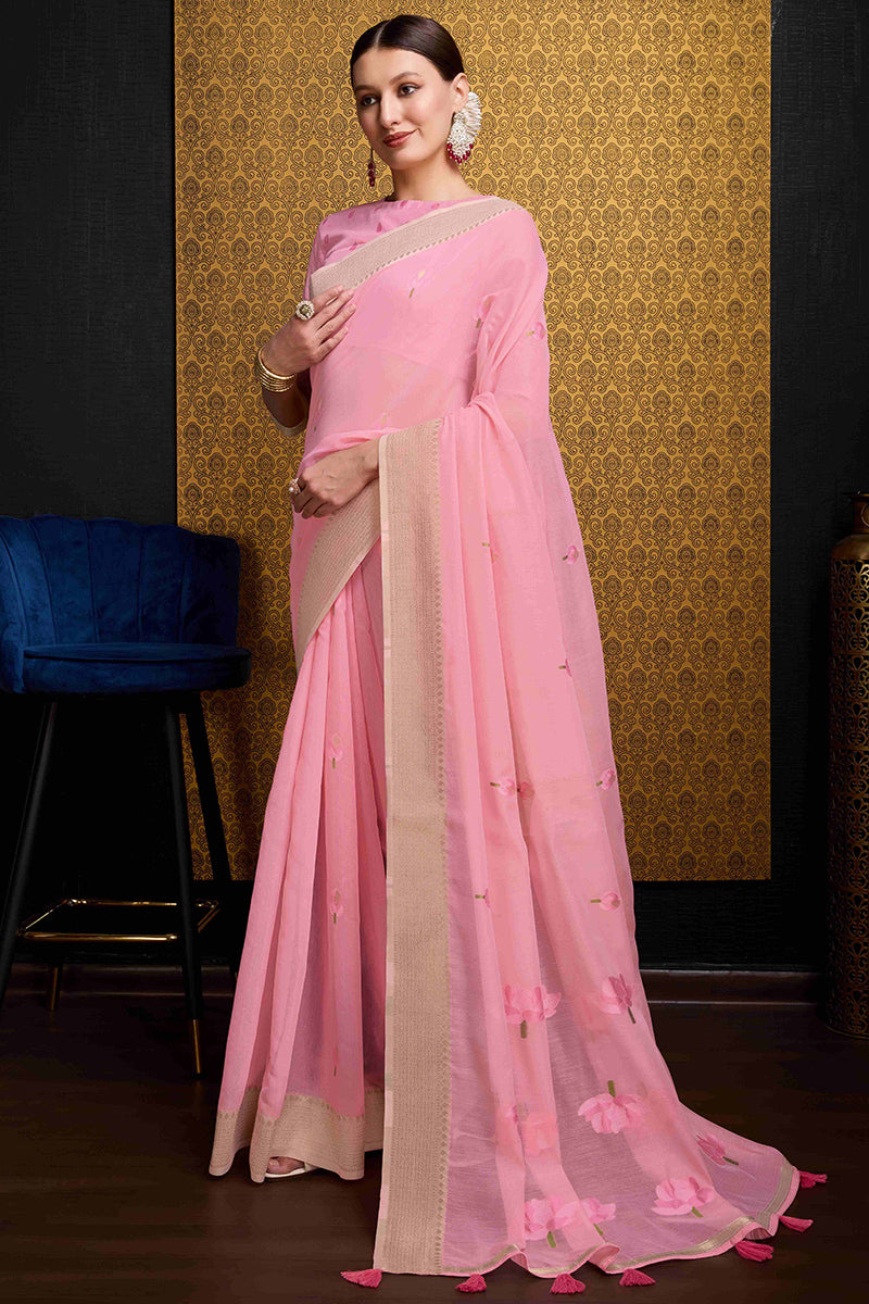 Nectarous Pink Cotton Silk Saree With Ethereal Blouse Piece