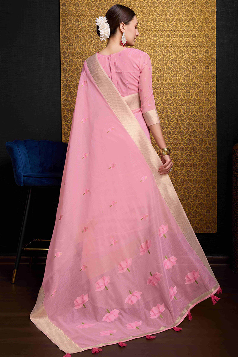 Nectarous Pink Cotton Silk Saree With Ethereal Blouse Piece