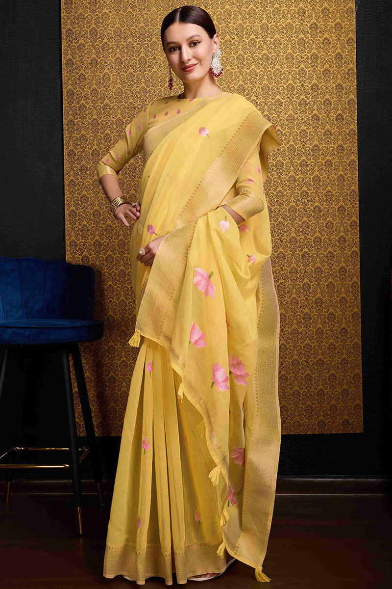 Elegant Yellow Cotton Silk Saree With Mesmeric Blouse Piece