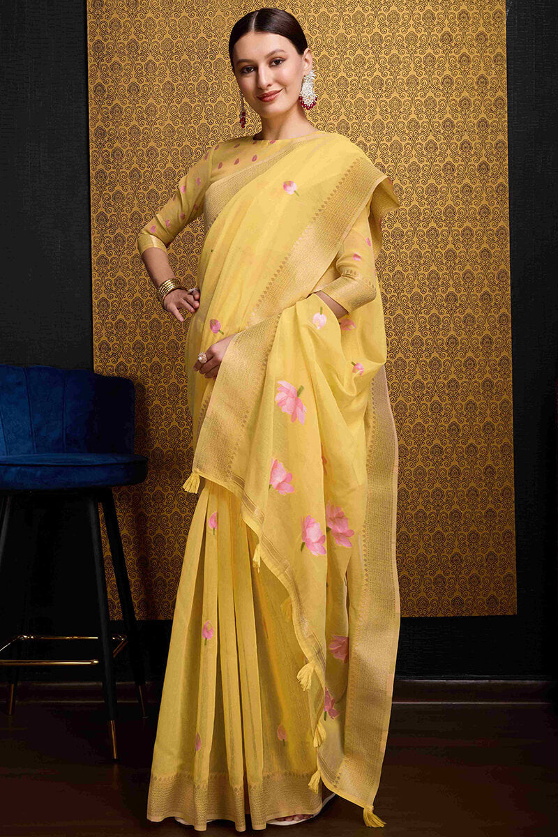 Elegant Yellow Cotton Silk Saree With Mesmeric Blouse Piece