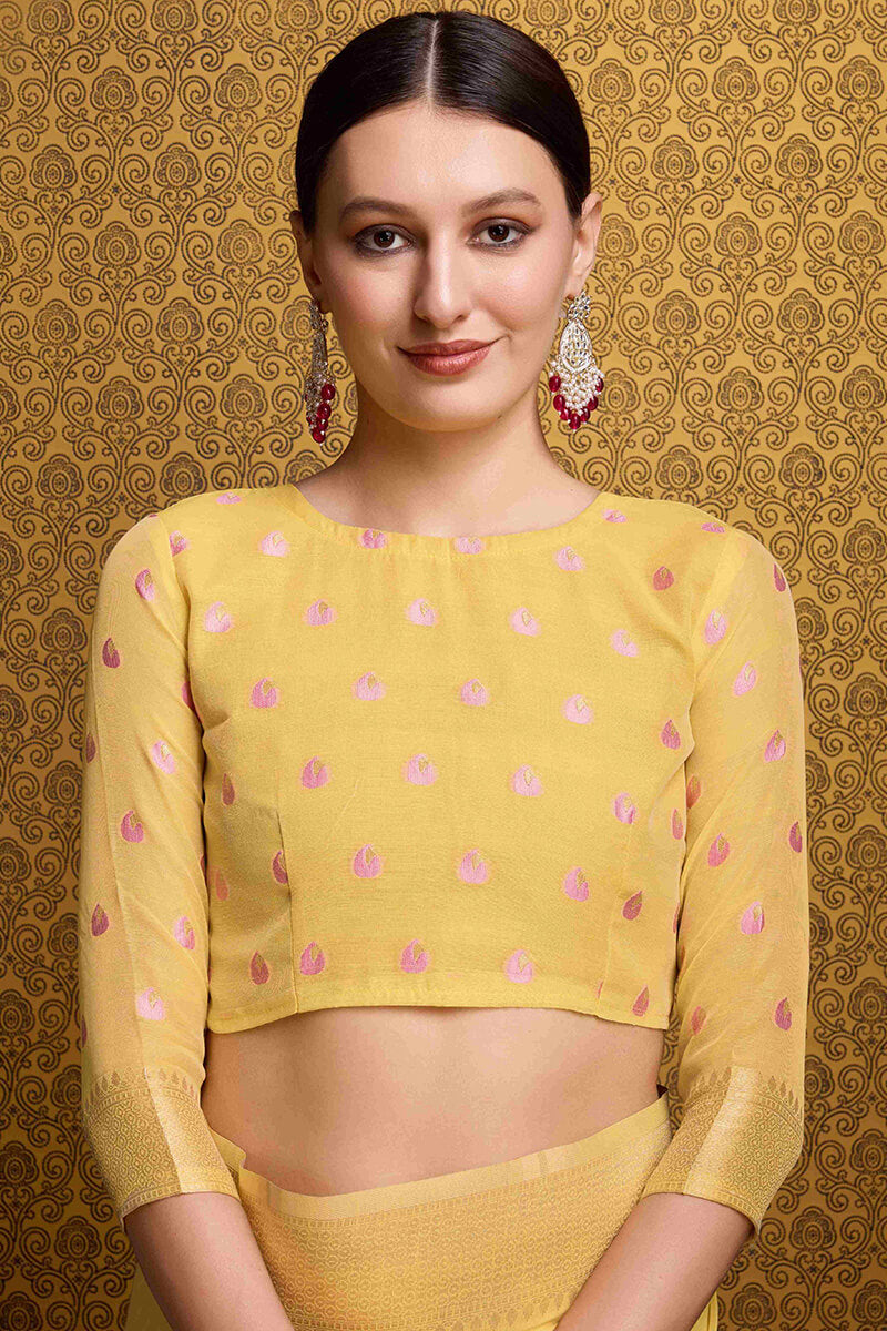Elegant Yellow Cotton Silk Saree With Mesmeric Blouse Piece