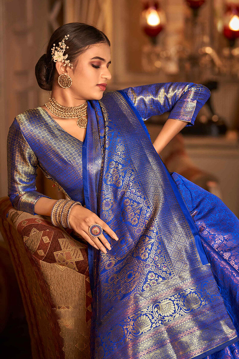 Royal Blue Color Kanjivaram Banarasi Silk Saree,brids Look Saree