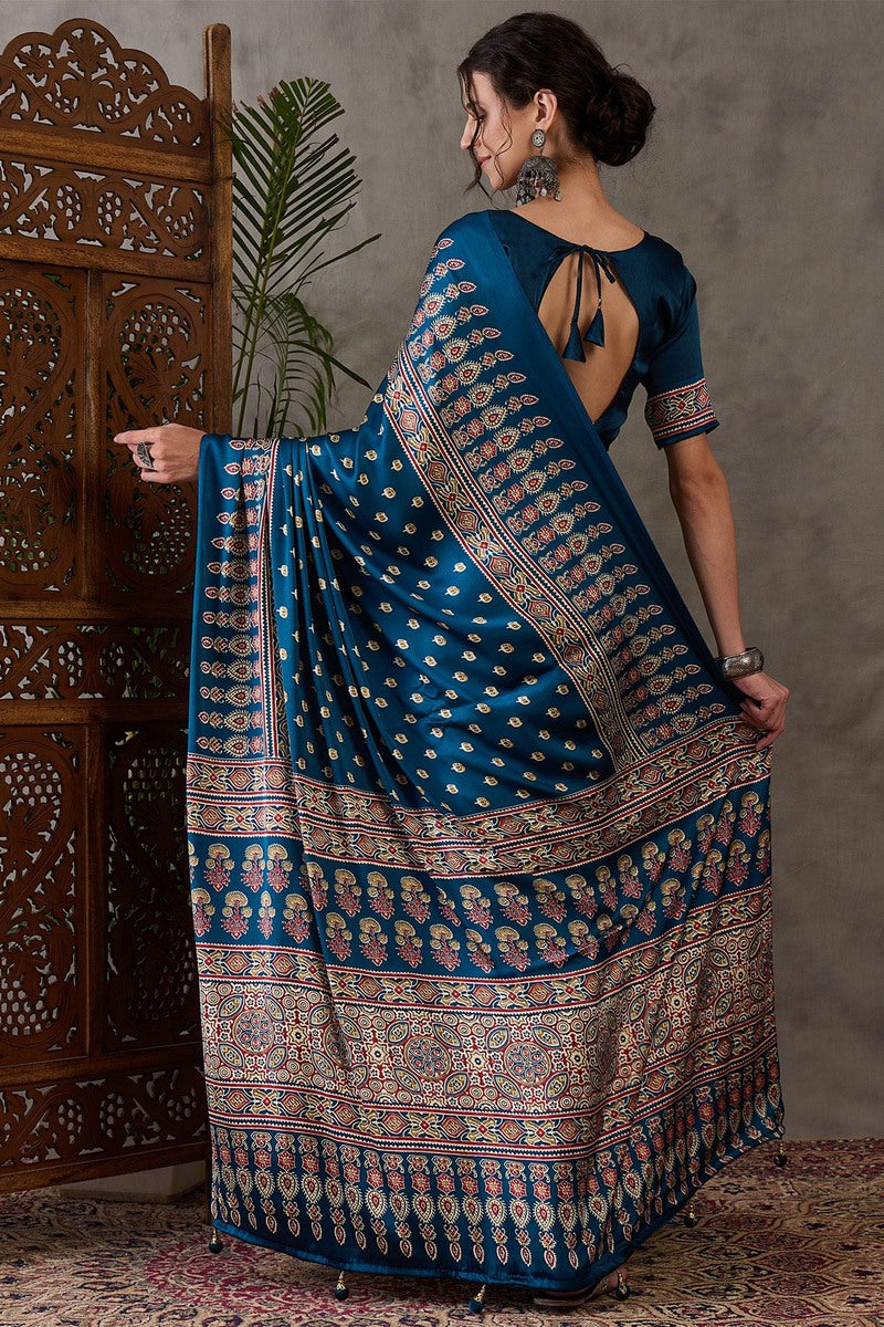 Sumptuous Rama Ajrakh Printed Semi Modal Silk Saree With Staggering Blouse Piece