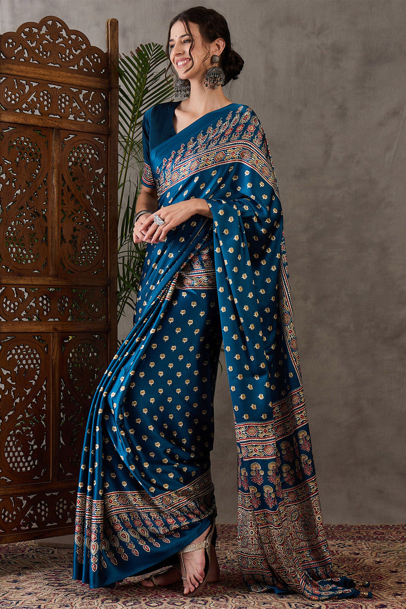 Sumptuous Rama Ajrakh Printed Semi Modal Silk Saree With Staggering Blouse Piece