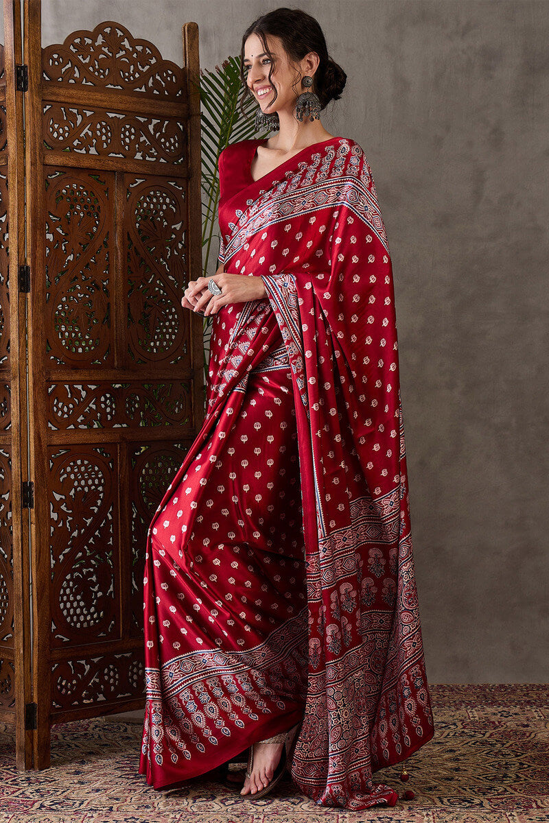 Nebula Red Ajrakh Printed Semi Modal Silk Saree With Flaunt Blouse Piece