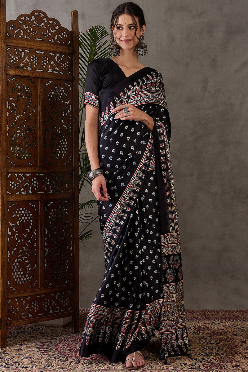 Admirable Black Ajrakh Printed Semi Modal Silk Saree With Lagniappe Blouse Piece