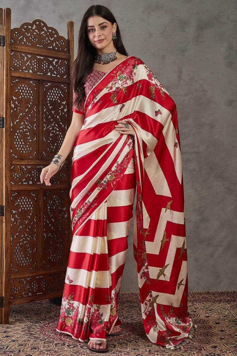 Pretty Red Ajrakh Printed Semi Modal Silk Saree With Impressive Blouse Piece
