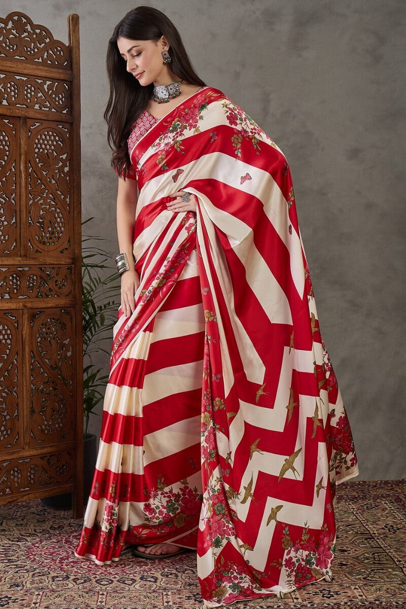 Pretty Red Ajrakh Printed Semi Modal Silk Saree With Impressive Blouse Piece