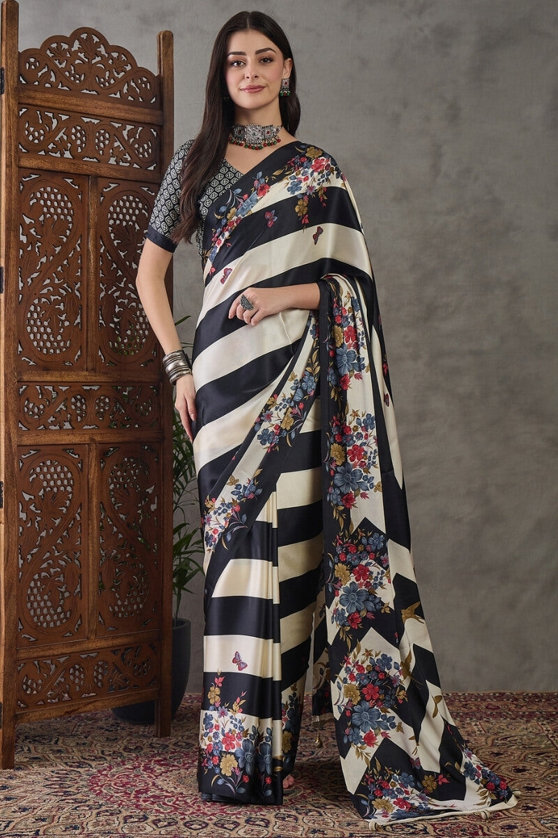 Fairytale Black Ajrakh Printed Semi Modal Silk Saree With Embrocation Blouse Piece