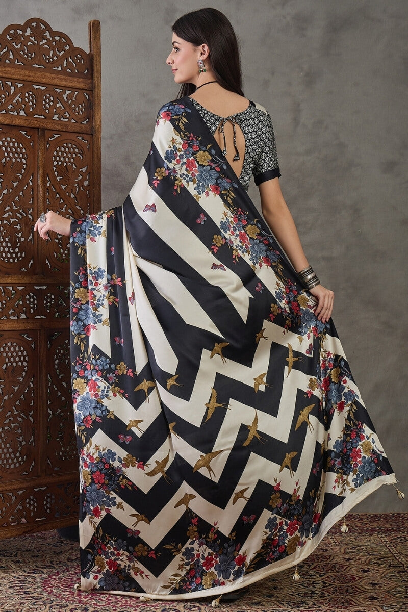 Fairytale Black Ajrakh Printed Semi Modal Silk Saree With Embrocation Blouse Piece