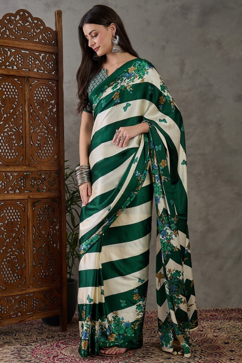 Jubilant Dark Green Ajrakh Printed Semi Modal Silk Saree With Efflorescence Blouse Piece