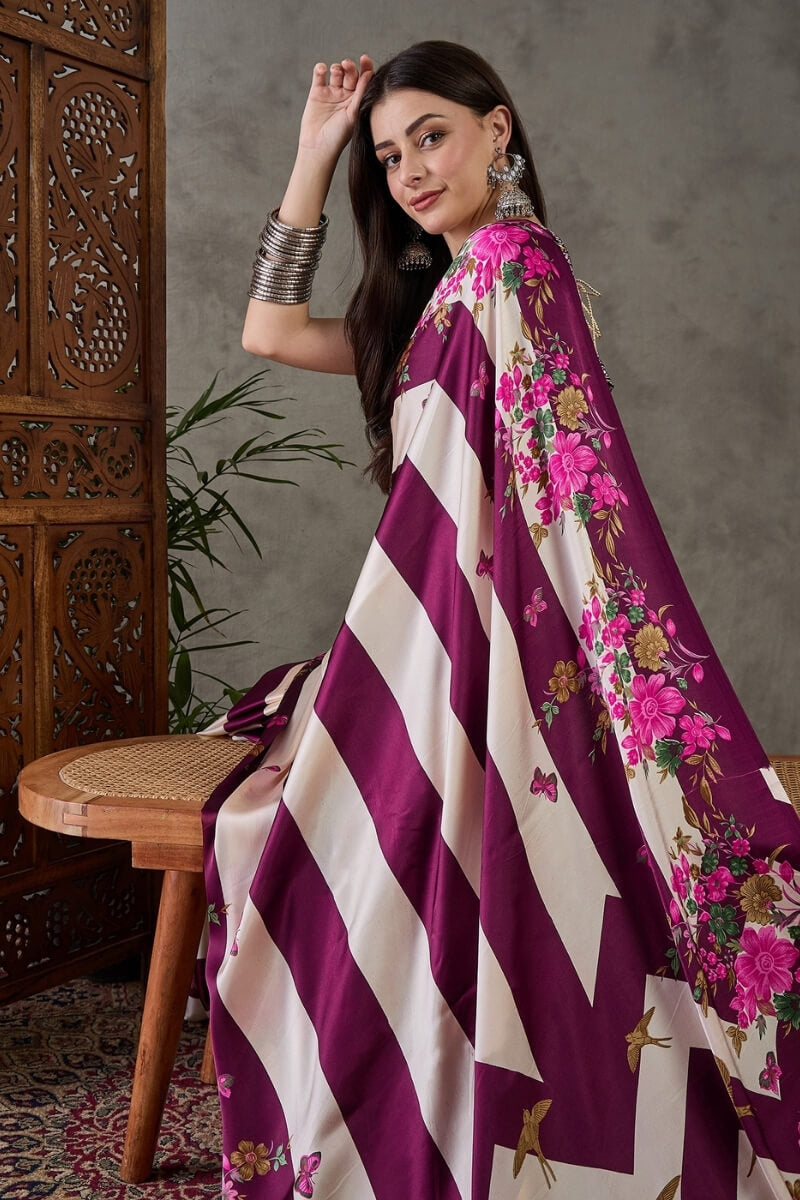 Amazing Purple Ajrakh Printed Semi Modal Silk Saree With Desirable Blouse Piece