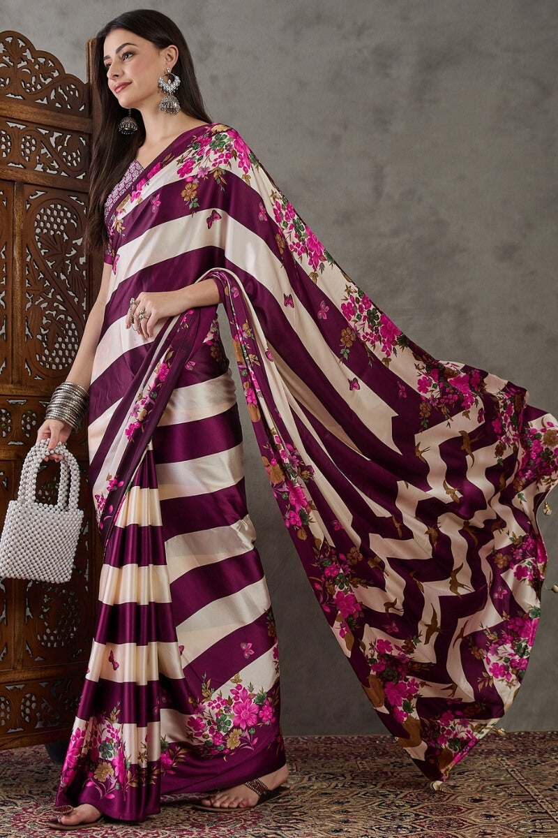 Amazing Purple Ajrakh Printed Semi Modal Silk Saree With Desirable Blouse Piece
