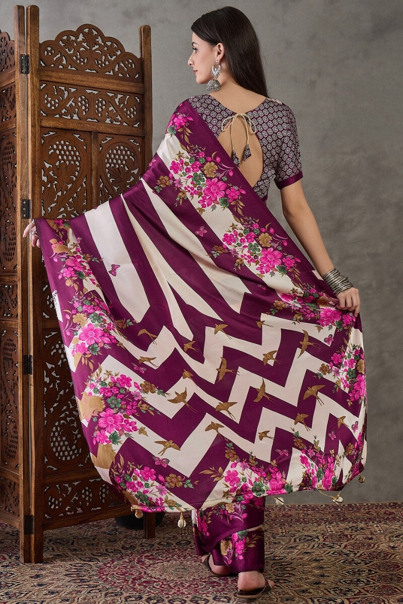 Amazing Purple Ajrakh Printed Semi Modal Silk Saree With Desirable Blouse Piece