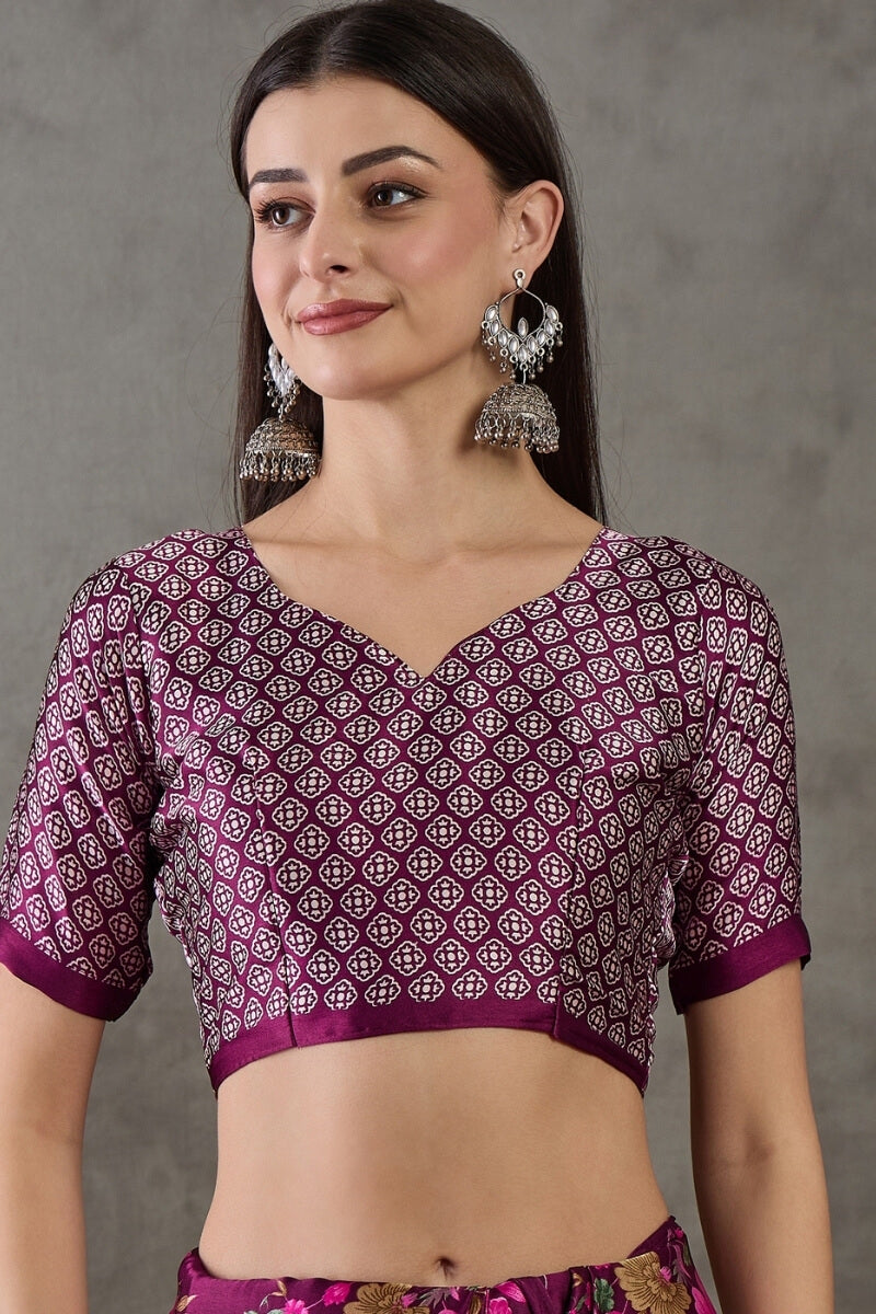 Amazing Purple Ajrakh Printed Semi Modal Silk Saree With Desirable Blouse Piece