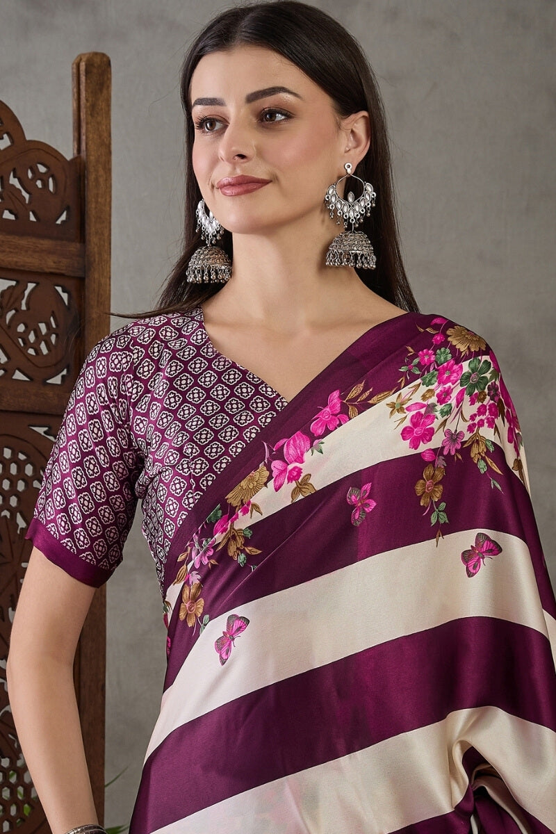 Amazing Purple Ajrakh Printed Semi Modal Silk Saree With Desirable Blouse Piece