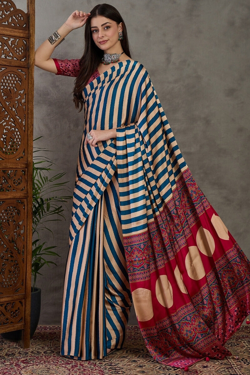 Serendipity Navy Blue Ajrakh Printed Semi Modal Silk Saree With Unique Blouse Piece