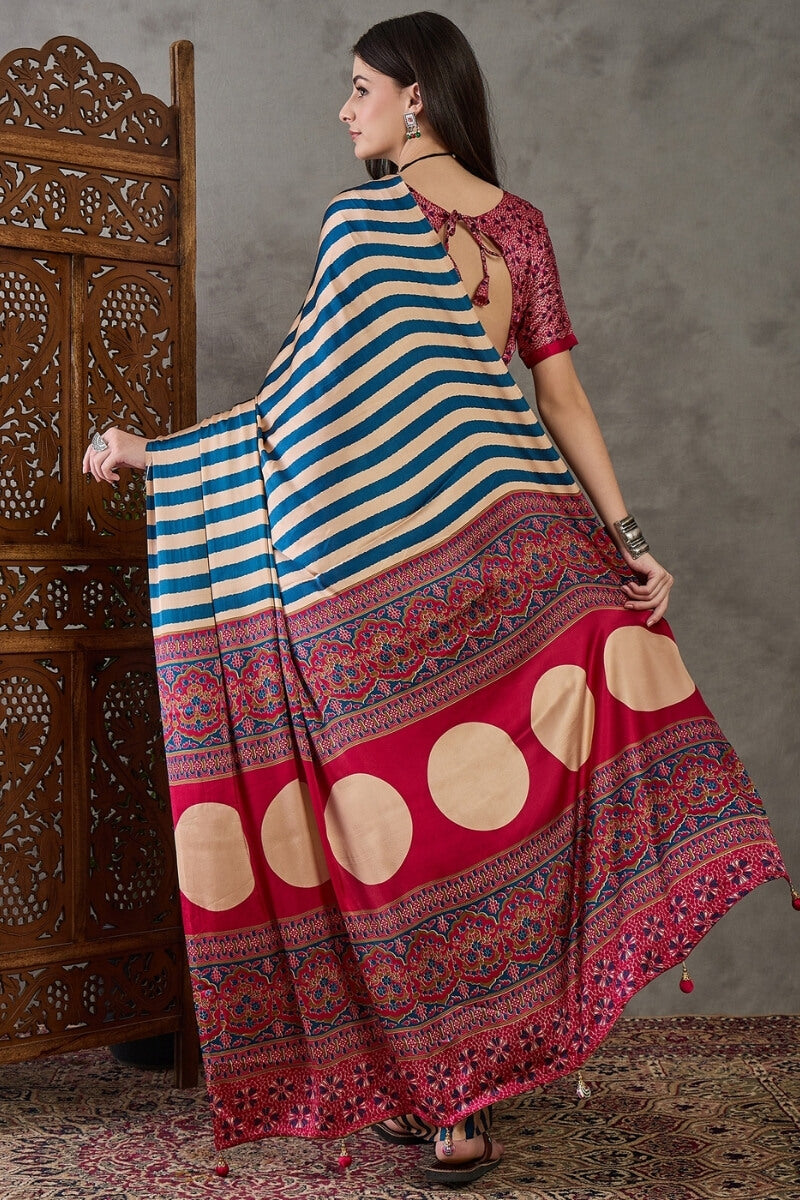 Serendipity Navy Blue Ajrakh Printed Semi Modal Silk Saree With Unique Blouse Piece