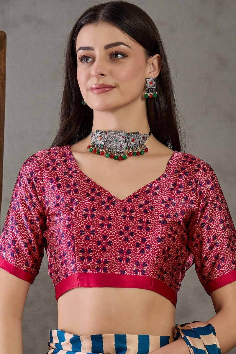 Serendipity Navy Blue Ajrakh Printed Semi Modal Silk Saree With Unique Blouse Piece