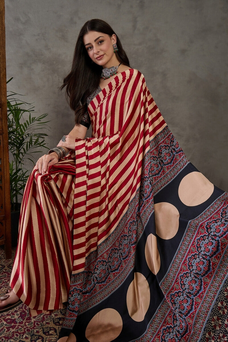 Improbable Red Ajrakh Printed Semi Modal Silk Saree With Exquisite Blouse Piece
