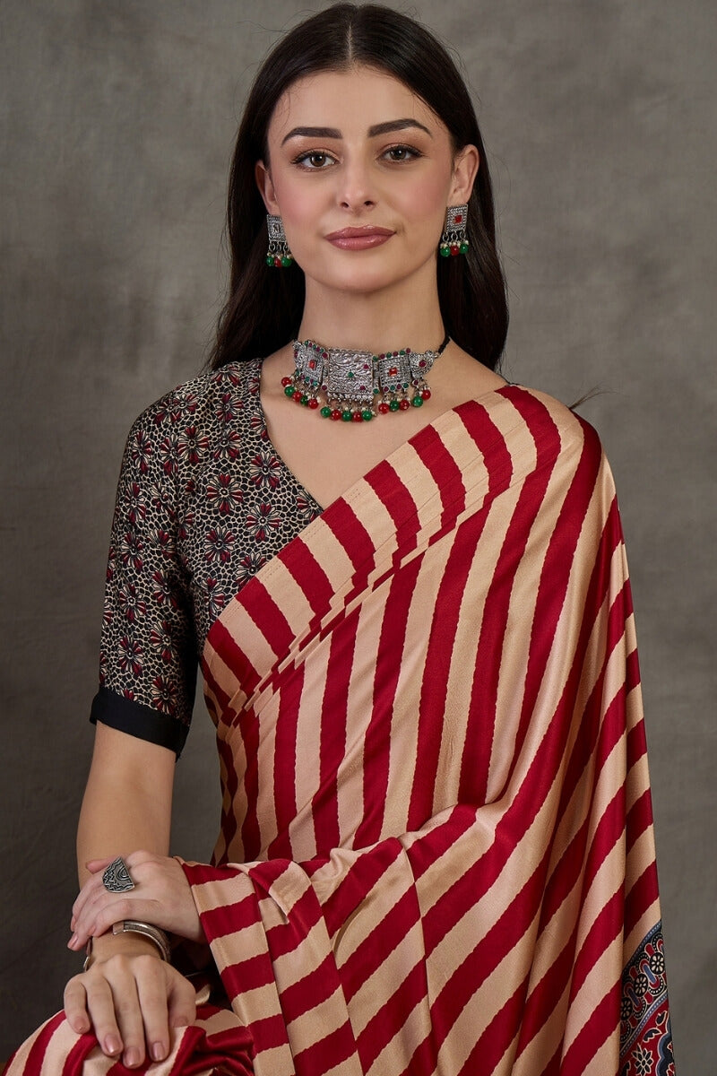 Improbable Red Ajrakh Printed Semi Modal Silk Saree With Exquisite Blouse Piece