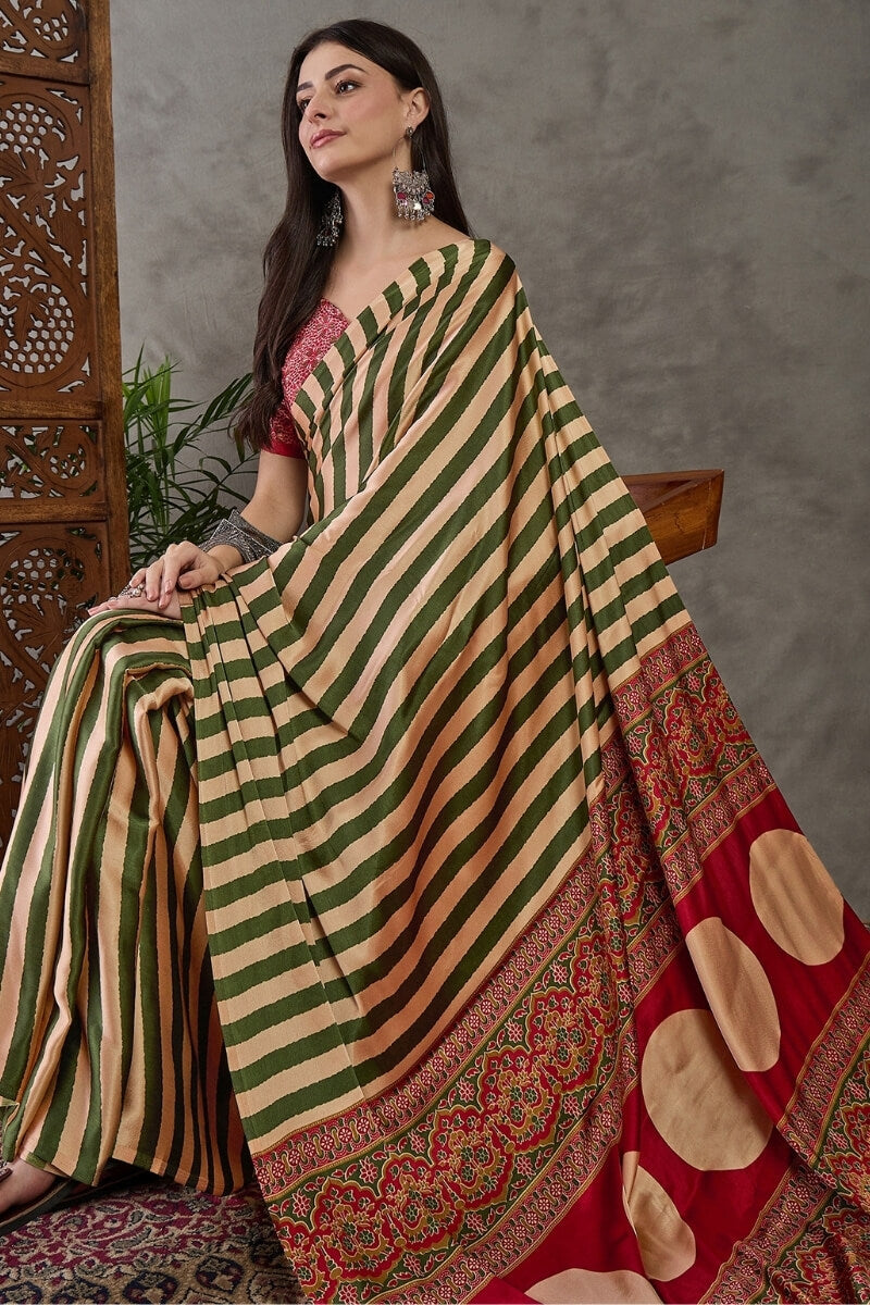 Surreptitious Green Ajrakh Printed Semi Modal Silk Saree With Pleasant Blouse Piece