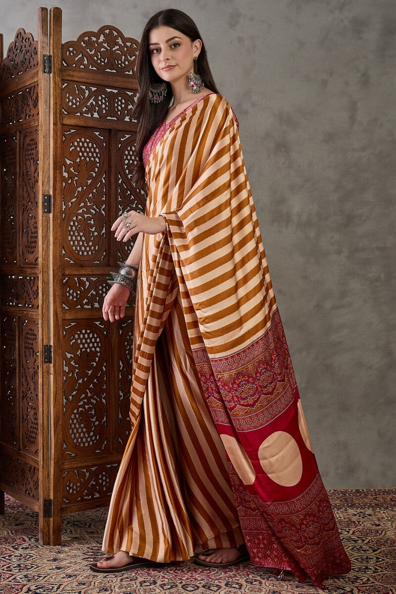 Zephyr Mustard Ajrakh Printed Semi Modal Silk Saree With Girlish Blouse Piece