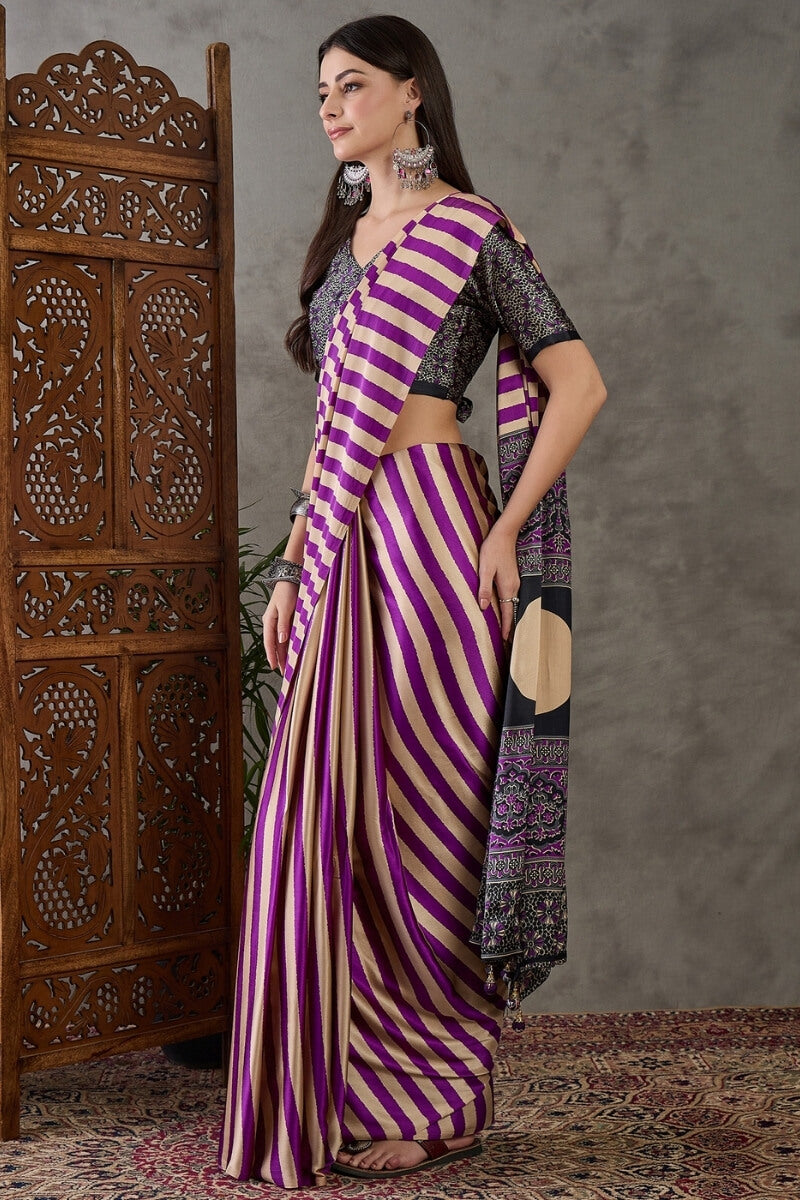 Traditional Purple Ajrakh Printed Semi Modal Silk Saree With Fancifull Blouse Piece