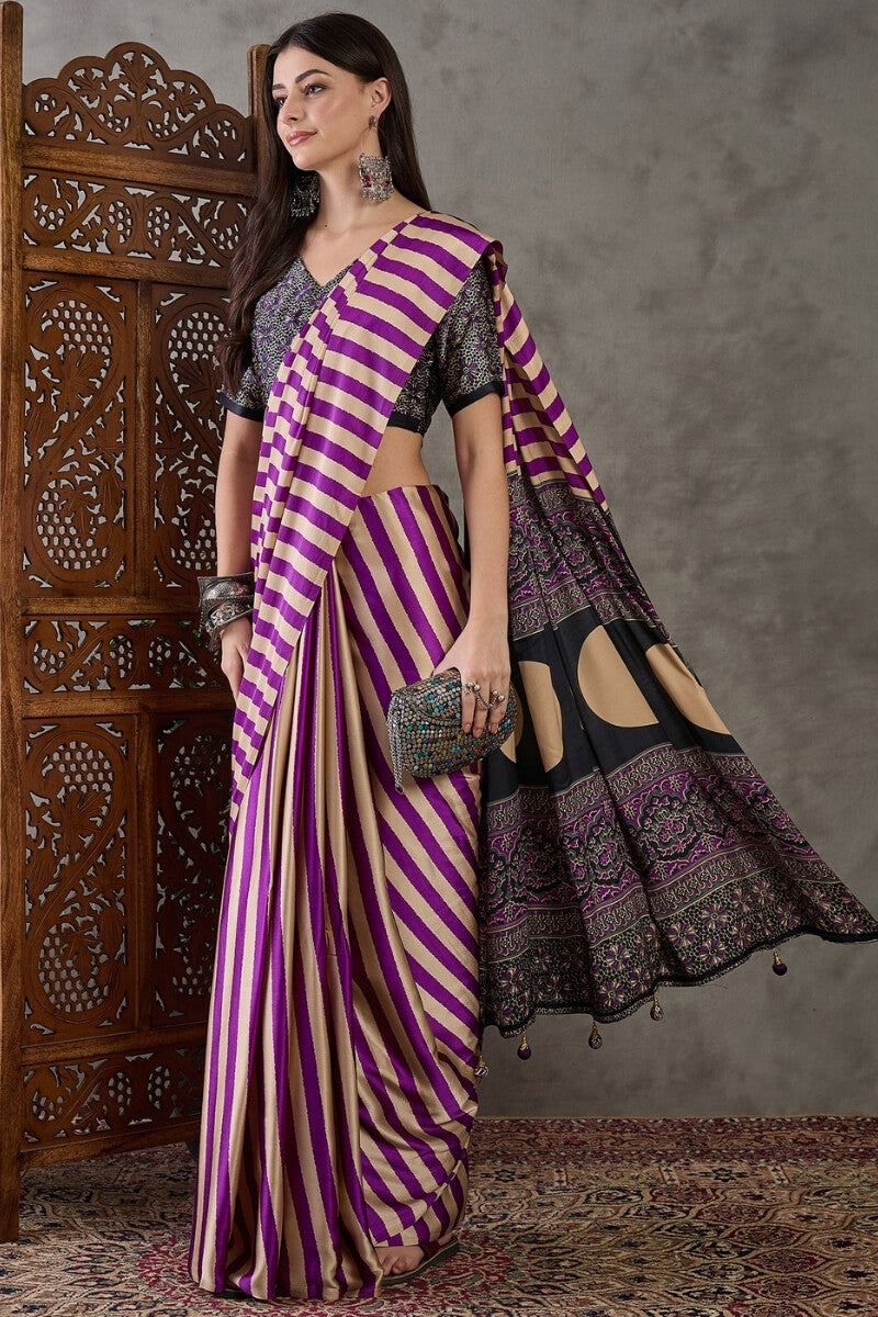 Traditional Purple Ajrakh Printed Semi Modal Silk Saree With Fancifull Blouse Piece