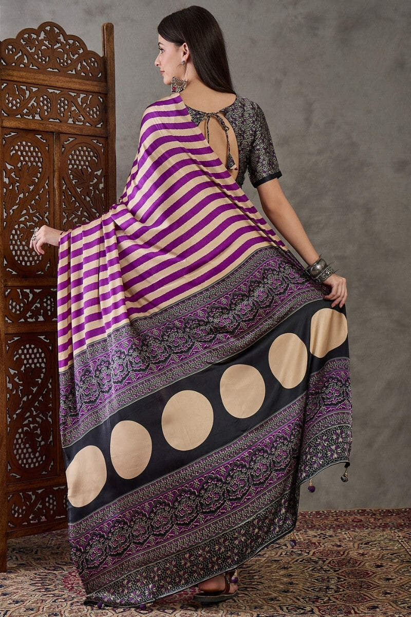 Traditional Purple Ajrakh Printed Semi Modal Silk Saree With Fancifull Blouse Piece