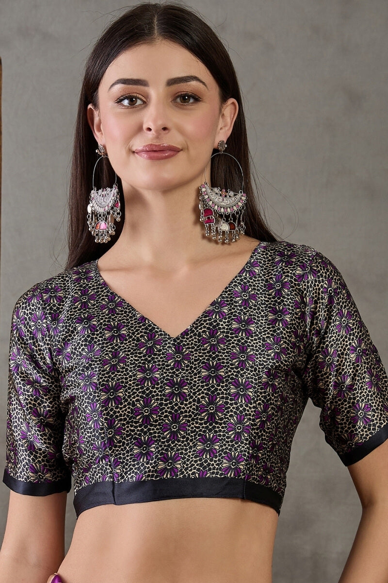 Traditional Purple Ajrakh Printed Semi Modal Silk Saree With Fancifull Blouse Piece