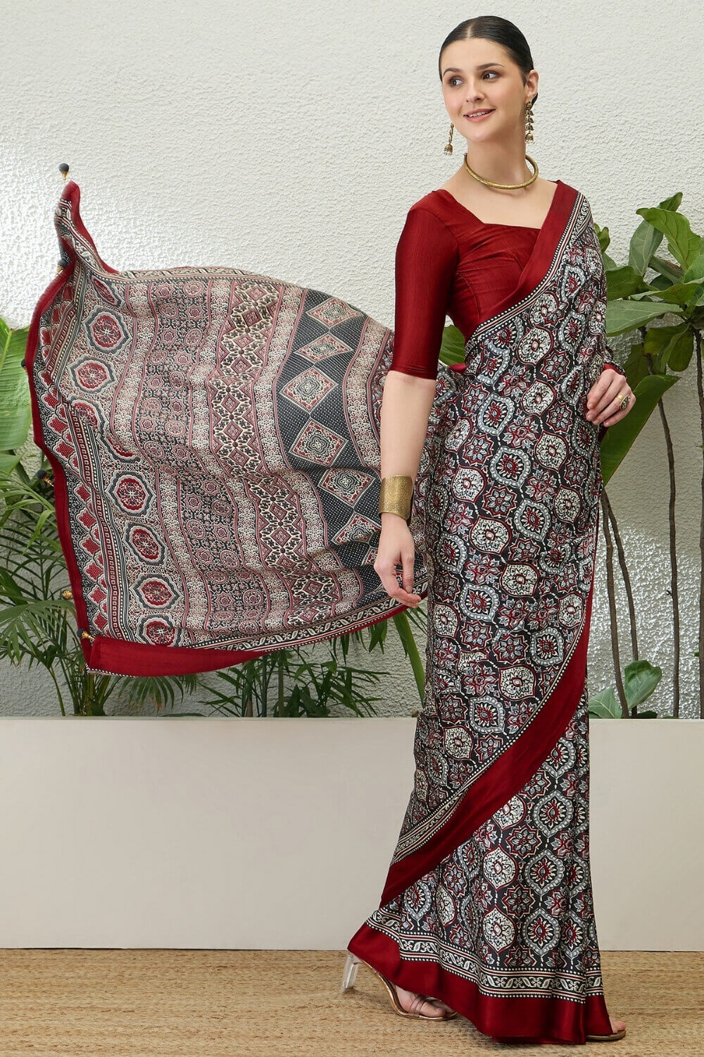 Sophisticated Grey Ajrakh Printed Semi Modal Silk Saree With Flaunt Blouse Piece