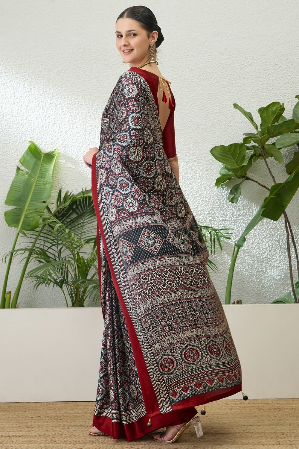 Sophisticated Grey Ajrakh Printed Semi Modal Silk Saree With Flaunt Blouse Piece