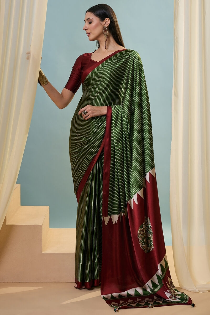 Transcendent Dark Green Ajrakh Printed Semi Modal Silk Saree With Winsome Blouse Piece