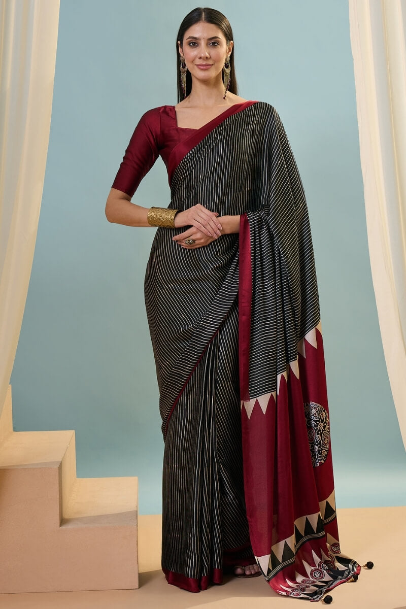 Verdant Black Ajrakh Printed Semi Modal Silk Saree With Vivacious Blouse Piece