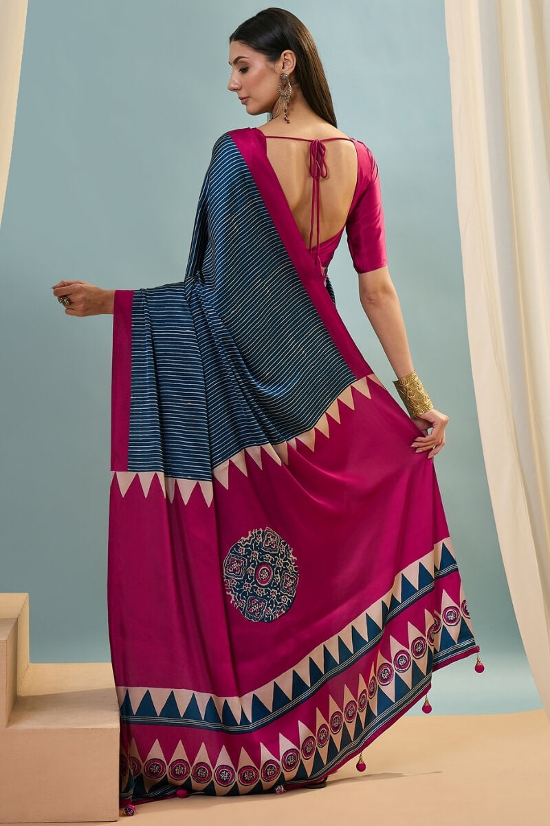 Inspiring Navy Blue Ajrakh Printed Semi Modal Silk Saree With Fugacious Blouse Piece