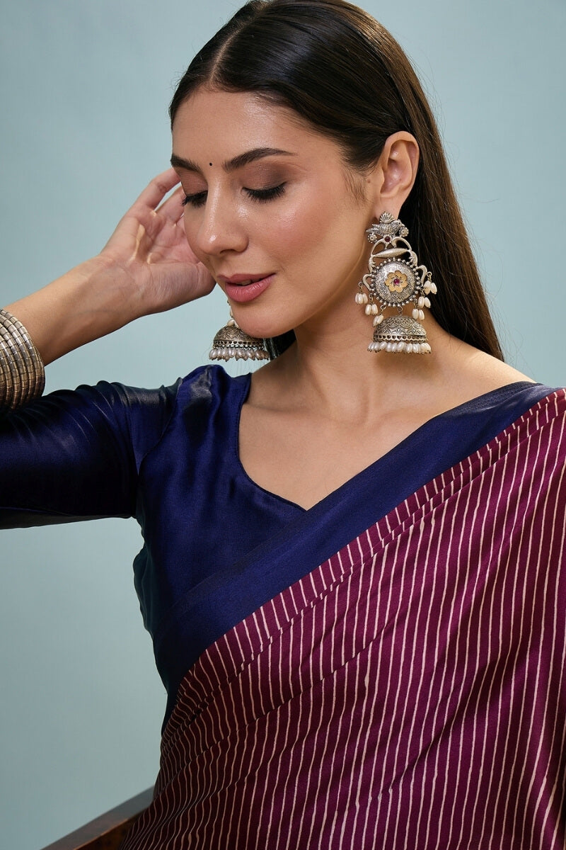 Extraordinary Wine Ajrakh Printed Semi Modal Silk Saree With Gorgeous Blouse Piece