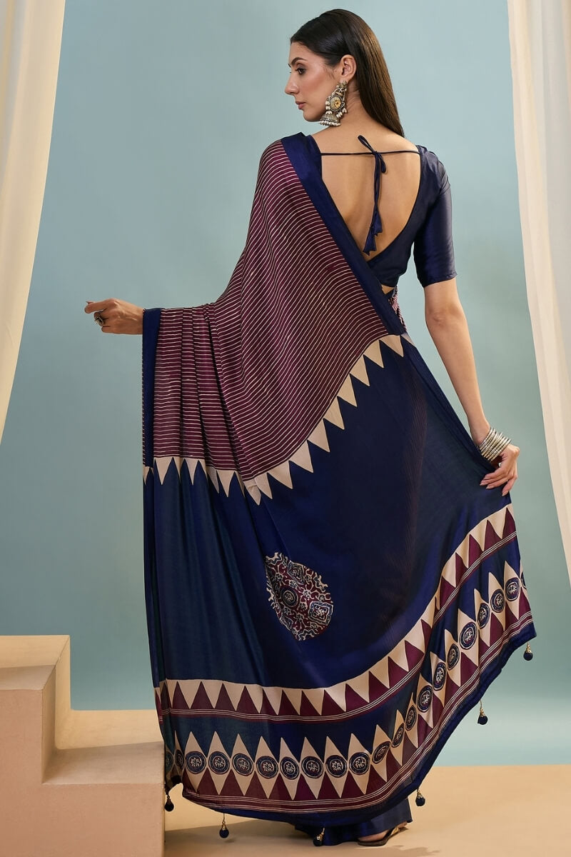 Extraordinary Wine Ajrakh Printed Semi Modal Silk Saree With Gorgeous Blouse Piece