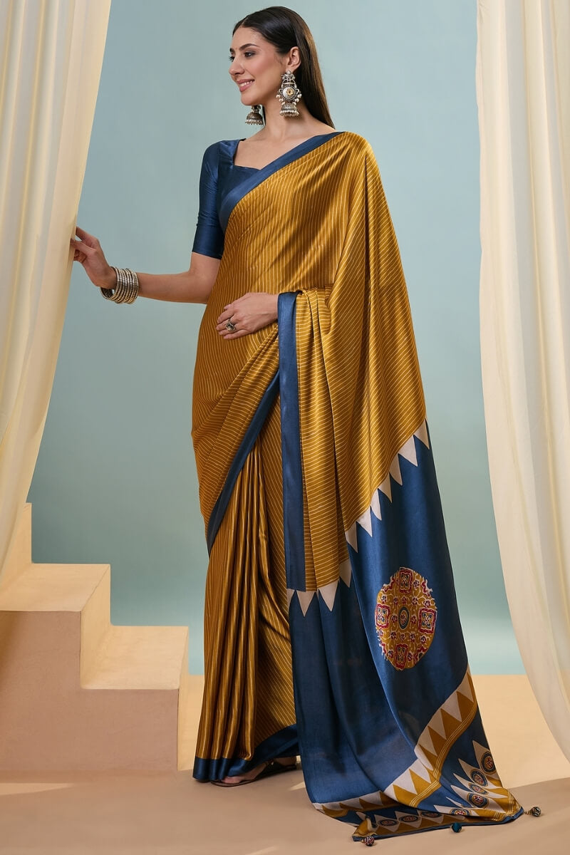 Flattering Mustard Ajrakh Printed Semi Modal Silk Saree With Beautiful Blouse Piece