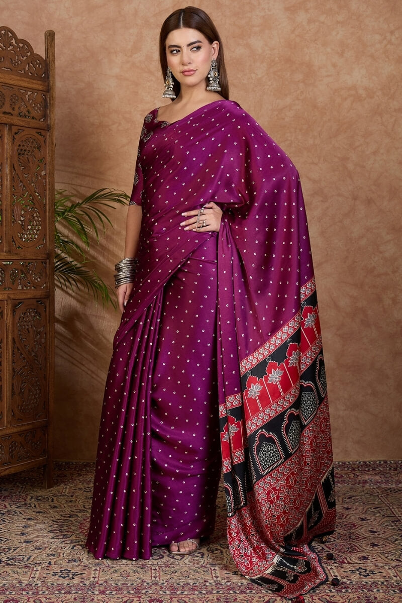 Opulent Purple Ajrakh Printed Semi Modal Silk Saree With Marvellous Blouse Piece
