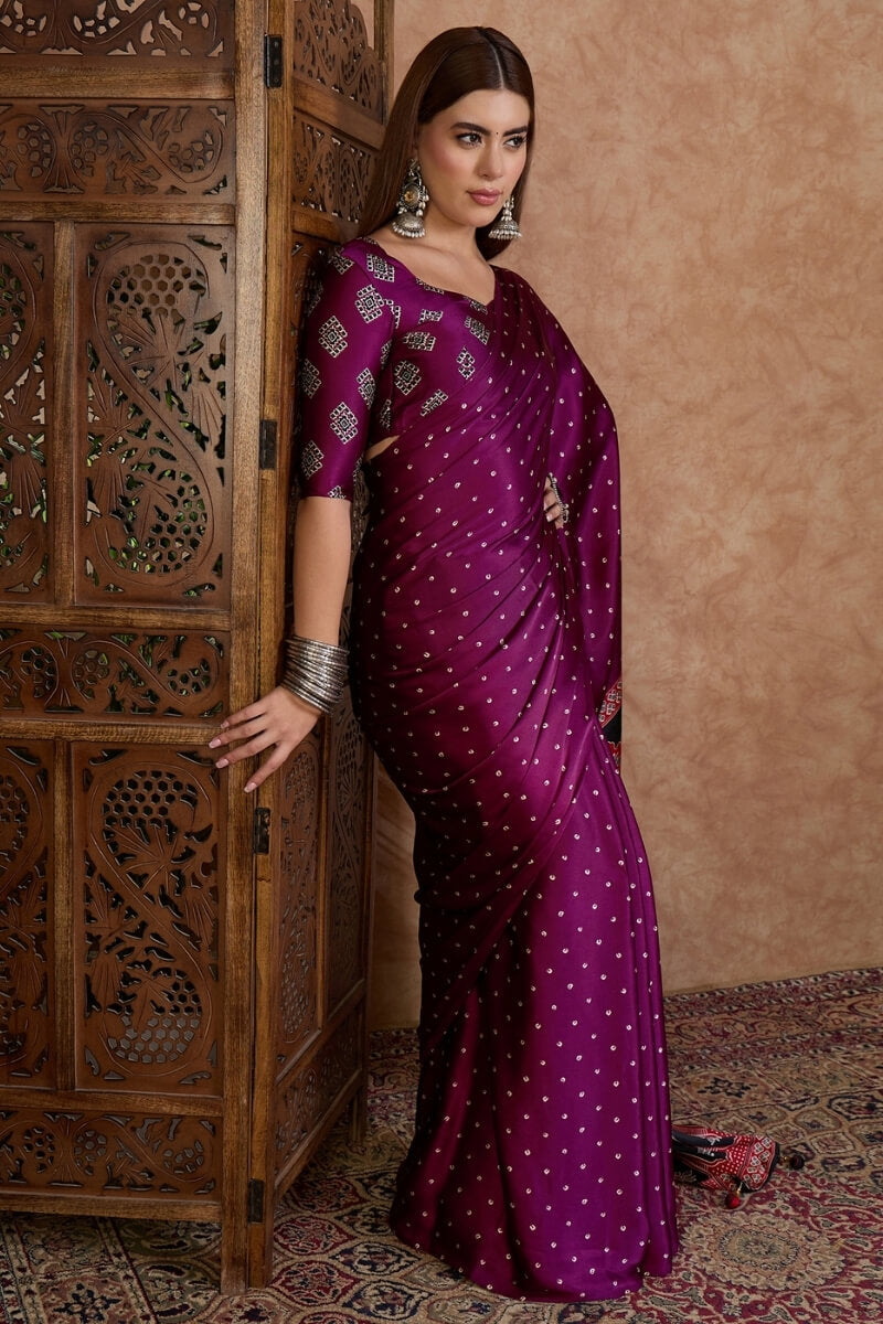 Opulent Purple Ajrakh Printed Semi Modal Silk Saree With Marvellous Blouse Piece