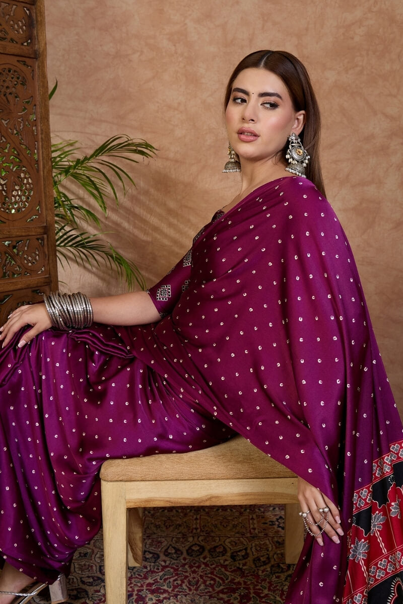 Opulent Purple Ajrakh Printed Semi Modal Silk Saree With Marvellous Blouse Piece