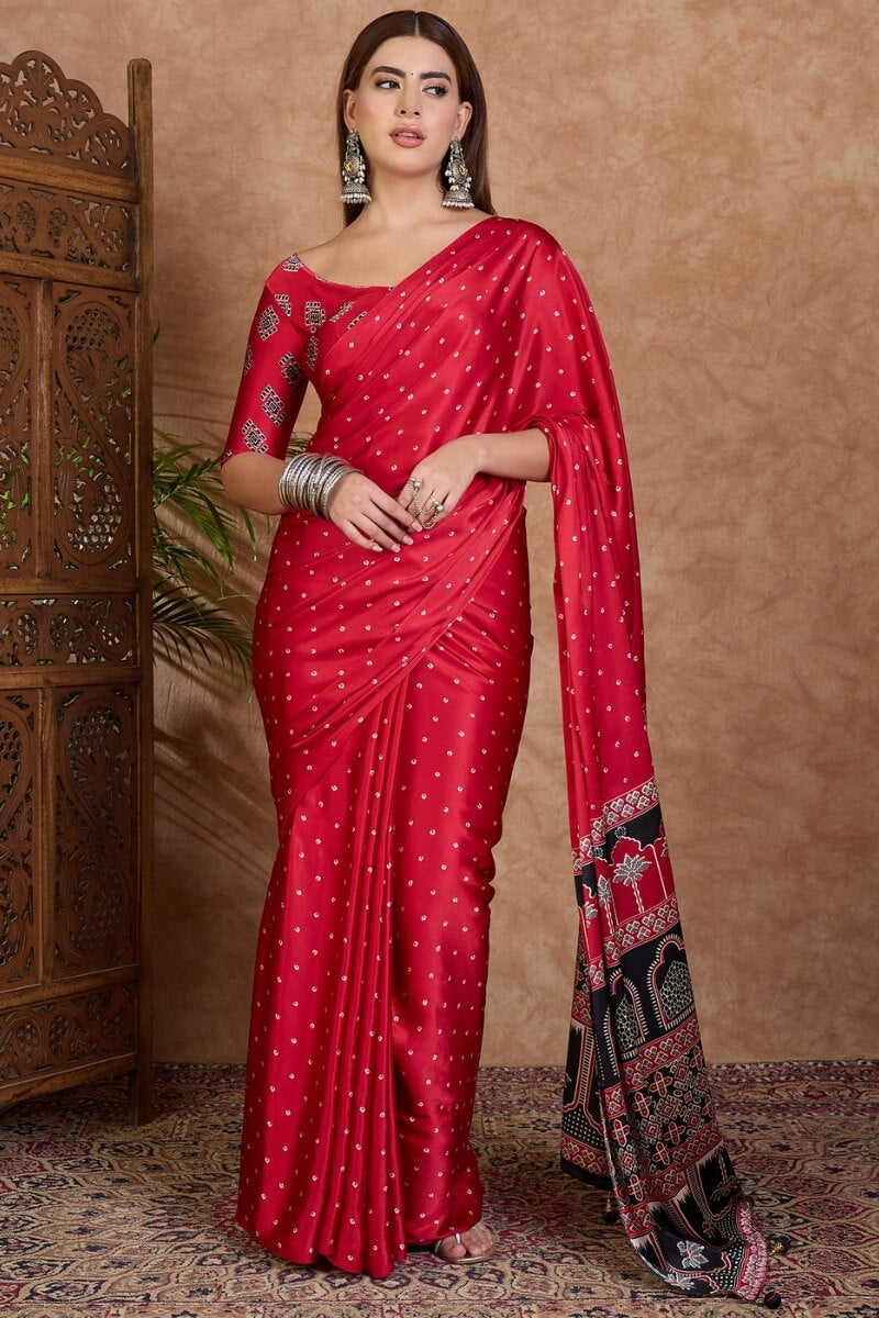 Propinquity Red Ajrakh Printed Semi Modal Silk Saree With Ethnic Blouse Piece